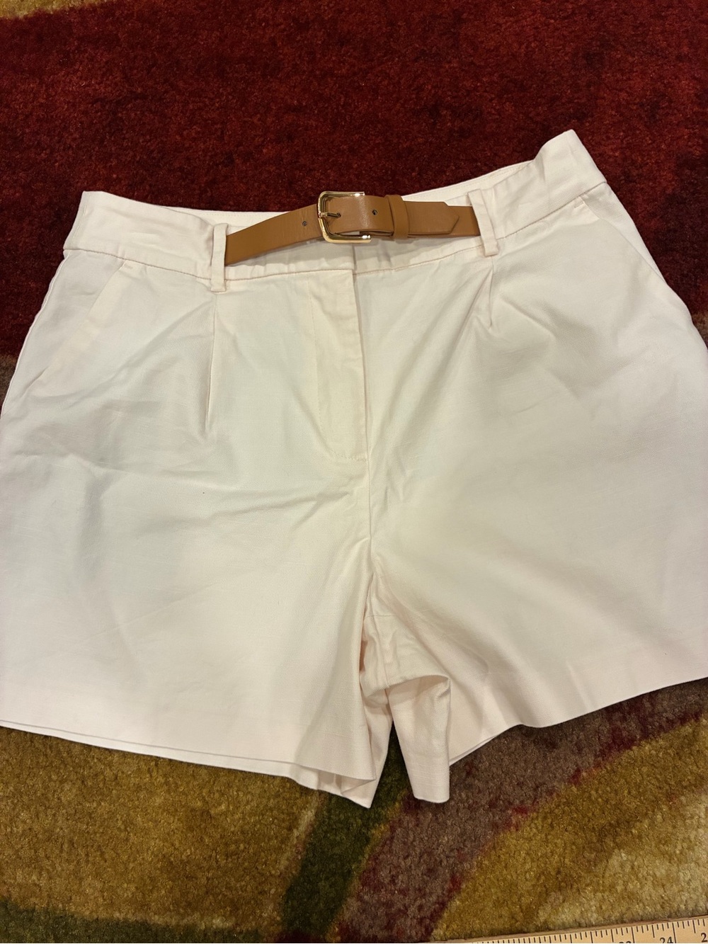 LOFT Cream High-Rise Tailored Bermuda Shorts with Tan Belt